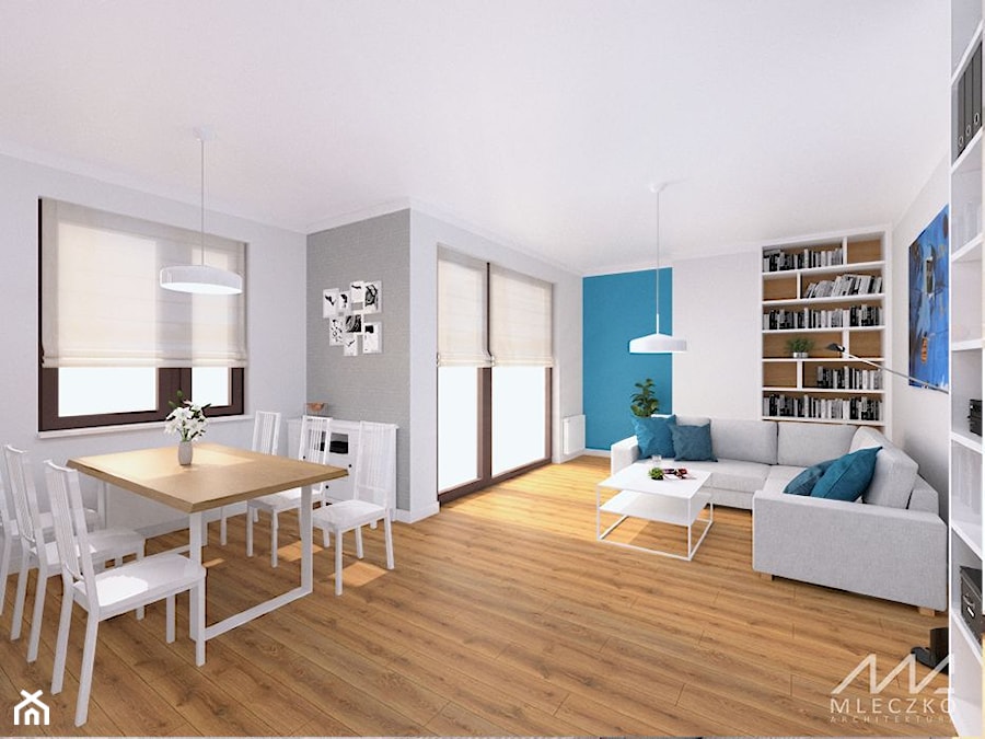 Mieszkanie w Konstancinie - Duży niebieski szary salon z jadalnią, styl nowoczesny - zdjęcie od mleczko architektura