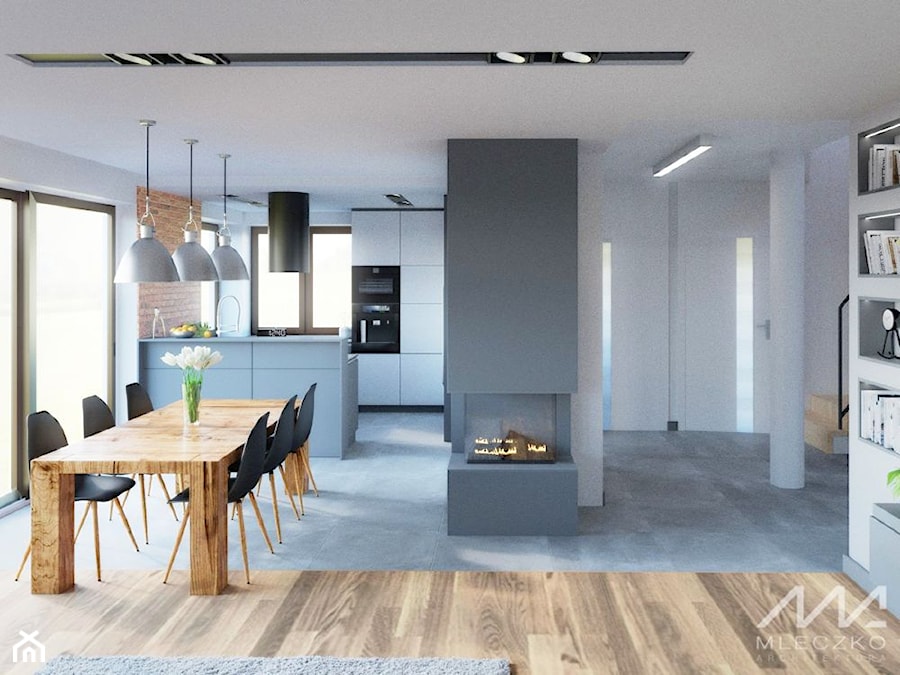 Projekt re-aranżacji wnętrz domu jednorodzinnego w Michałowicach - Średnia biała szara jadalnia w salonie w kuchni, styl nowoczesny - zdjęcie od mleczko architektura