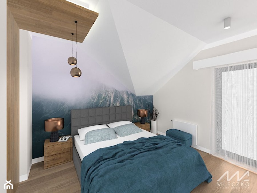 Projekt wnętrz domu w Łuczycach - Średnia beżowa sypialnia na poddaszu, styl tradycyjny - zdjęcie od mleczko architektura