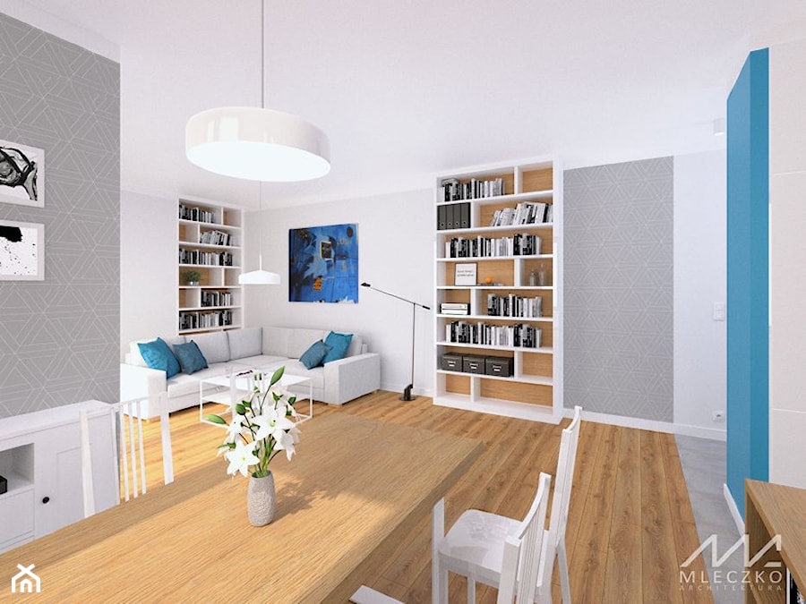 Mieszkanie w Konstancinie - Średni biały szary salon z jadalnią, styl nowoczesny - zdjęcie od mleczko architektura