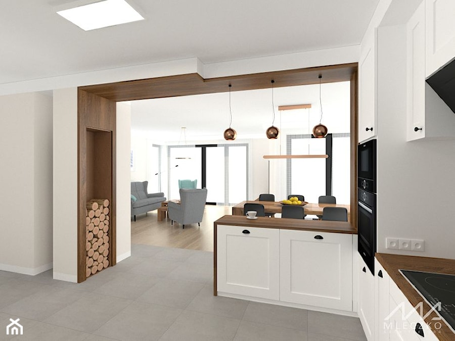 Projekt wnętrz domu w Łuczycach - Duża otwarta biała z zabudowaną lodówką kuchnia w kształcie litery l z wyspą lub półwyspem, styl tradycyjny - zdjęcie od mleczko architektura
