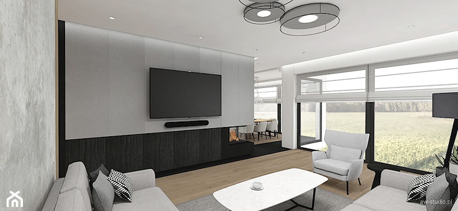 Projekt zabudowy w salonie z telewizorem i kominkiem - zdjęcie od AW-STUDIO Pracownia Architektury Wnętrz