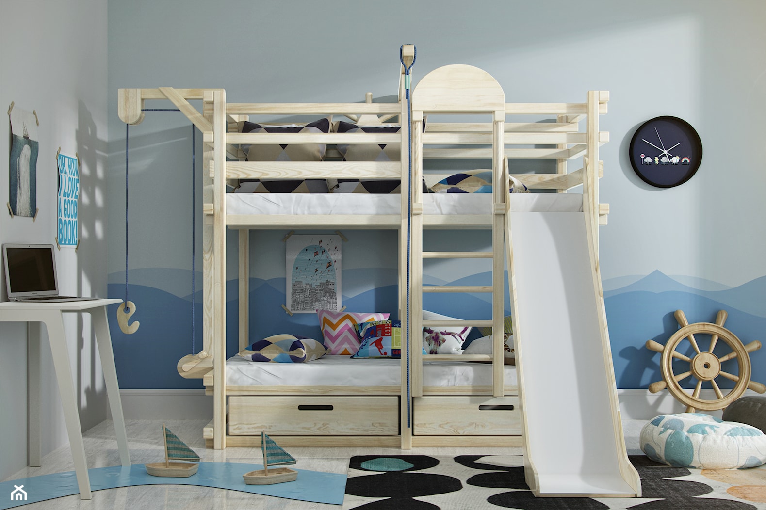 Łóżko piętrowe Pirat - Średni szary niebieski pokój dziecka dla dziecka dla nastolatka dla chłopca dla dziewczynki dla rodzeństwa, styl nowoczesny - zdjęcie od Foto-Meble - Homebook