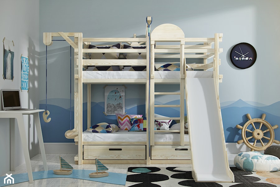 Łóżko piętrowe Pirat - Średni szary niebieski pokój dziecka dla dziecka dla nastolatka dla chłopca dla dziewczynki dla rodzeństwa, styl nowoczesny - zdjęcie od Foto-Meble