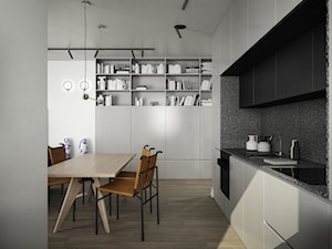 mieszkanie Łódź - Średnia otwarta z salonem z kamiennym blatem biała szara z zabudowaną lodówką z nablatowym zlewozmywakiem kuchnia jednorzędowa z marmurem nad blatem kuchennym, styl nowoczesny - zdjęcie od oshi pracownia projektowa