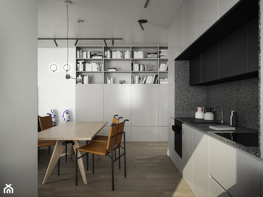 mieszkanie Łódź - Średnia otwarta z salonem z kamiennym blatem biała szara z zabudowaną lodówką z nablatowym zlewozmywakiem kuchnia jednorzędowa z marmurem nad blatem kuchennym, styl nowoczesny - zdjęcie od oshi pracownia projektowa