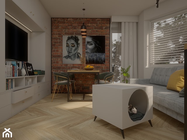 Projekt salonu z cegłą i drewnianą podłogą.