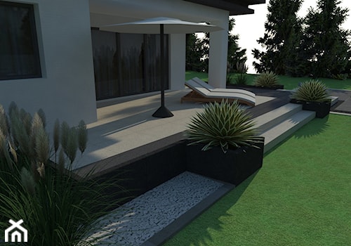 Taras ogrodowy - Średni z podłoga z płyt betonowych z meblami ogrodowymi taras z tyłu domu, styl nowoczesny - zdjęcie od BRUK-BET