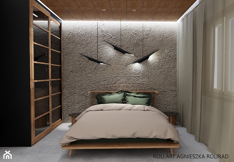 Sypialnia w nutą japońskiego stylu i ciekawą fakturą na ścianie. - zdjęcie od Roli.Art Agnieszka Rolirad architekt wnętrz