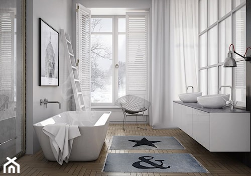 Dywany, a styl skandynawski - Średnia na poddaszu z lustrem z dwoma umywalkami łazienka z oknem, styl skandynawski - zdjęcie od CARPETS & MORE