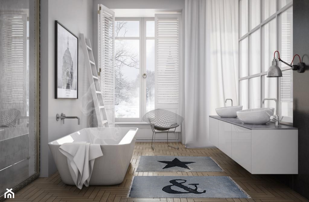 Dywany, a styl skandynawski - Średnia na poddaszu z lustrem z dwoma umywalkami łazienka z oknem, styl skandynawski - zdjęcie od CARPETS & MORE - Homebook