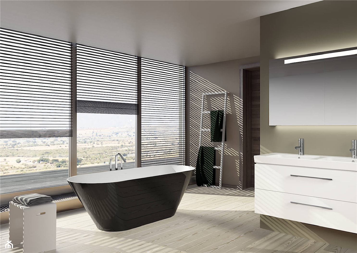 Wanny Solid Surface - Duża z lustrem z dwoma umywalkami łazienka z oknem, styl nowoczesny - zdjęcie od RIHO - Homebook