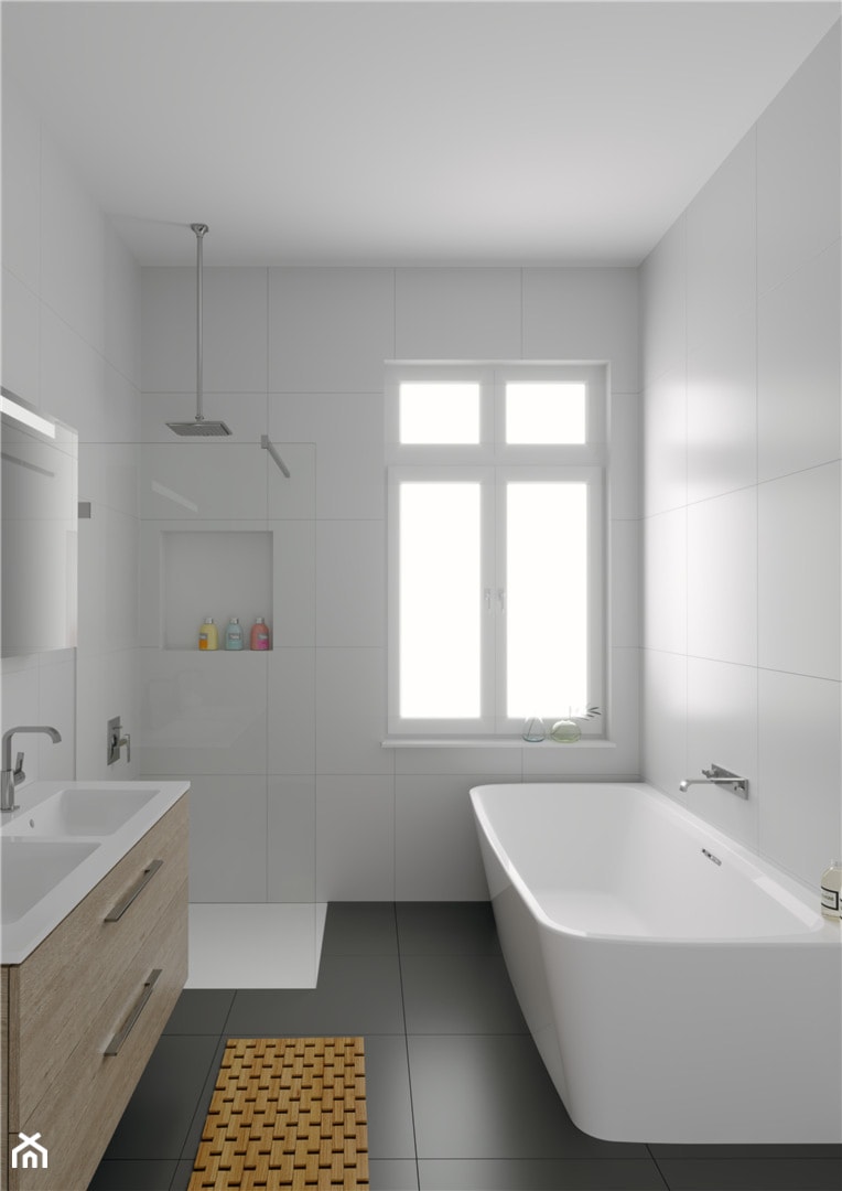 Akrylowe wanny wolnostojące - Średnia z dwoma umywalkami łazienka z oknem, styl tradycyjny - zdjęcie od RIHO