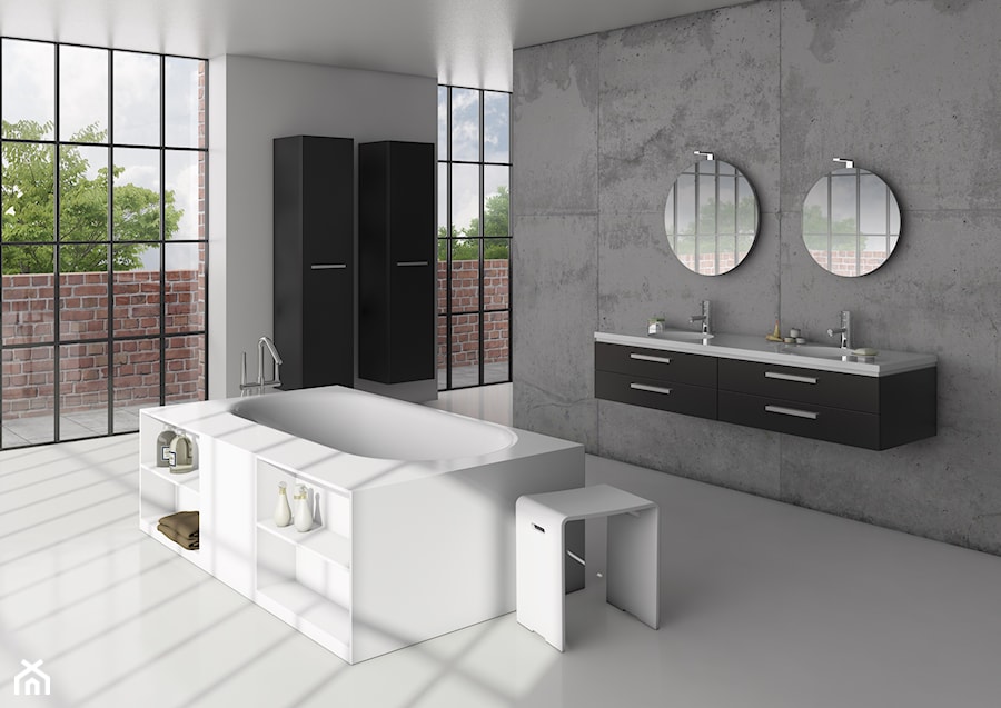 Wanny Solid Surface - Duża jako pokój kąpielowy z dwoma umywalkami łazienka z oknem, styl industrialny - zdjęcie od RIHO