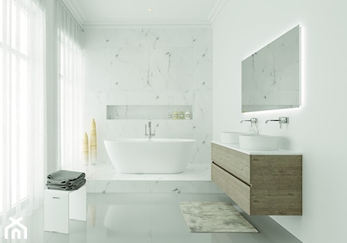 Akrylowe wanny wolnostojące - Średnia z lustrem z dwoma umywalkami z punktowym oświetleniem łazienka z oknem, styl minimalistyczny - zdjęcie od RIHO