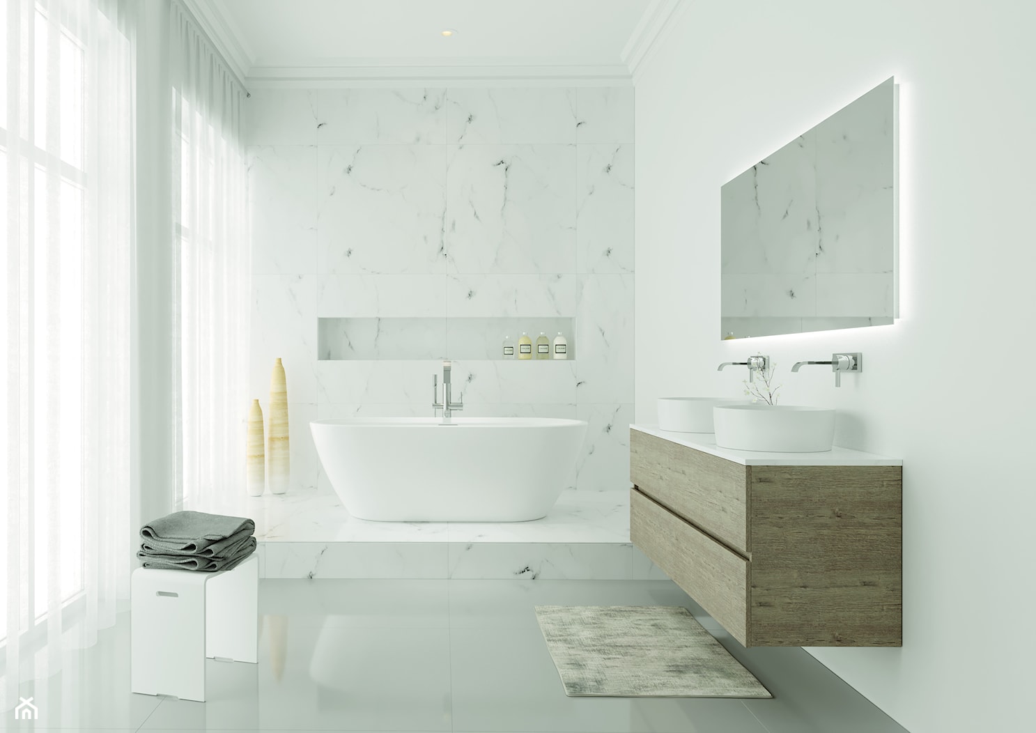 Akrylowe wanny wolnostojące - Średnia z lustrem z dwoma umywalkami z punktowym oświetleniem łazienka ... - zdjęcie od RIHO - Homebook