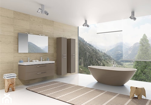 Wanny Solid Surface - Duża z lustrem z dwoma umywalkami z punktowym oświetleniem łazienka z oknem, styl tradycyjny - zdjęcie od RIHO
