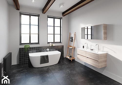 Akrylowe wanny wolnostojące - Duża z dwoma umywalkami z punktowym oświetleniem łazienka z oknem, styl minimalistyczny - zdjęcie od RIHO