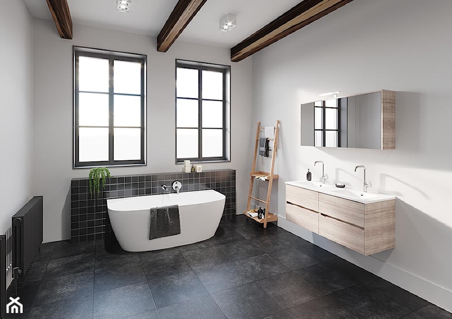 Akrylowe wanny wolnostojące - Duża z dwoma umywalkami z punktowym oświetleniem łazienka z oknem, styl minimalistyczny - zdjęcie od RIHO