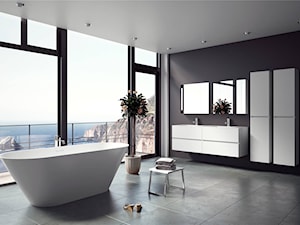Wanny Solid Surface - Duża z lustrem z dwoma umywalkami z punktowym oświetleniem łazienka z oknem, styl nowoczesny - zdjęcie od RIHO