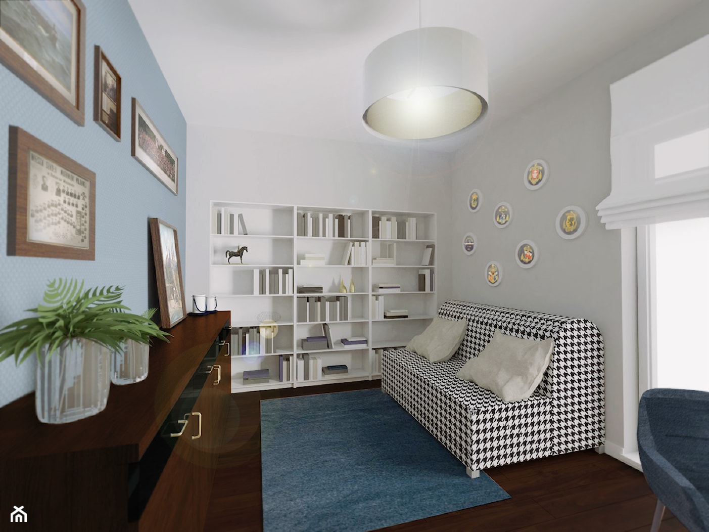 Mieszkanie dwupoziomowe - Pogórze - Średnie w osobnym pomieszczeniu z sofą białe niebieskie biuro, ... - zdjęcie od Urban Stories - Homebook