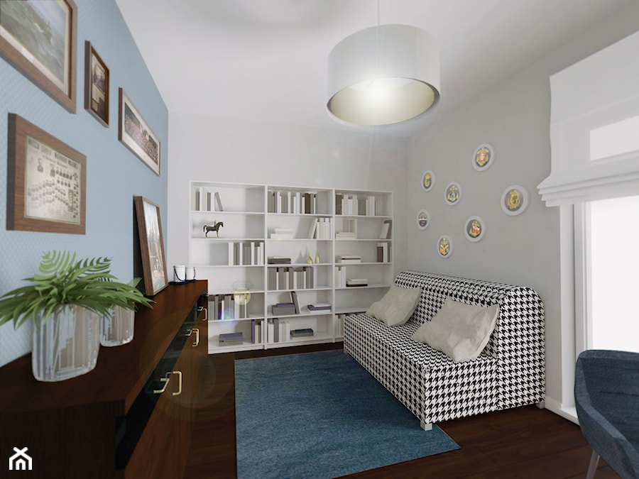 Mieszkanie dwupoziomowe - Pogórze - Średnie w osobnym pomieszczeniu z sofą białe niebieskie biuro, styl nowoczesny - zdjęcie od Urban Stories