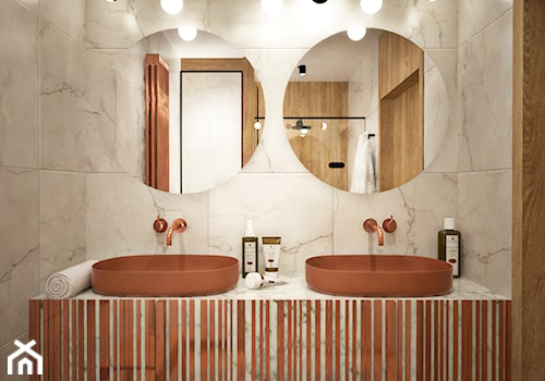 Apartament w Żorach I - Bez okna z dwoma umywalkami z punktowym oświetleniem łazienka, styl nowoczesny - zdjęcie od K2studio