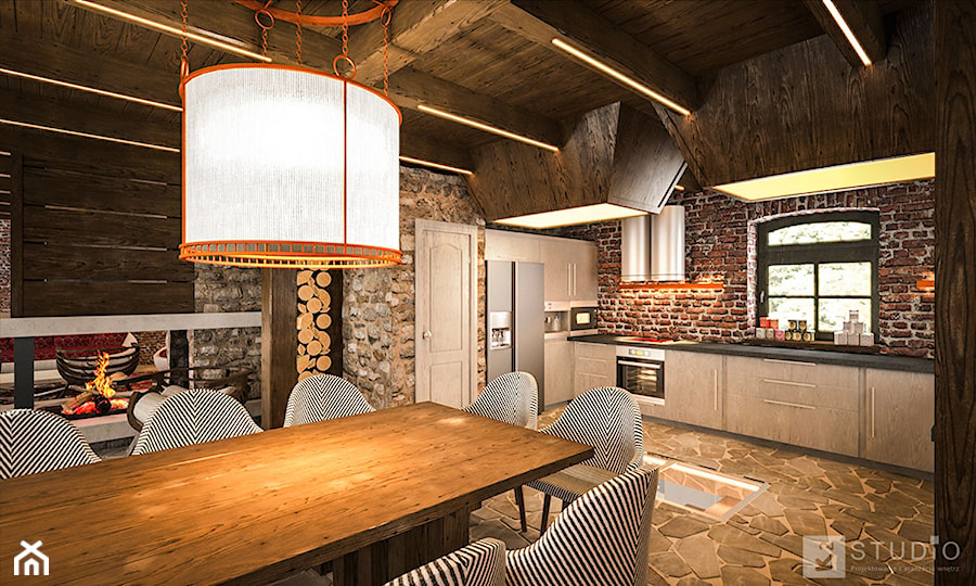 Stary młyn pod Częstochową - Duża czarna jadalnia w kuchni, styl rustykalny - zdjęcie od K2studio