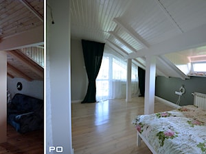 generalny remont domu - Duża zielona sypialnia na poddaszu z balkonem / tarasem, styl skandynawski - zdjęcie od bm2 brzostek maciej