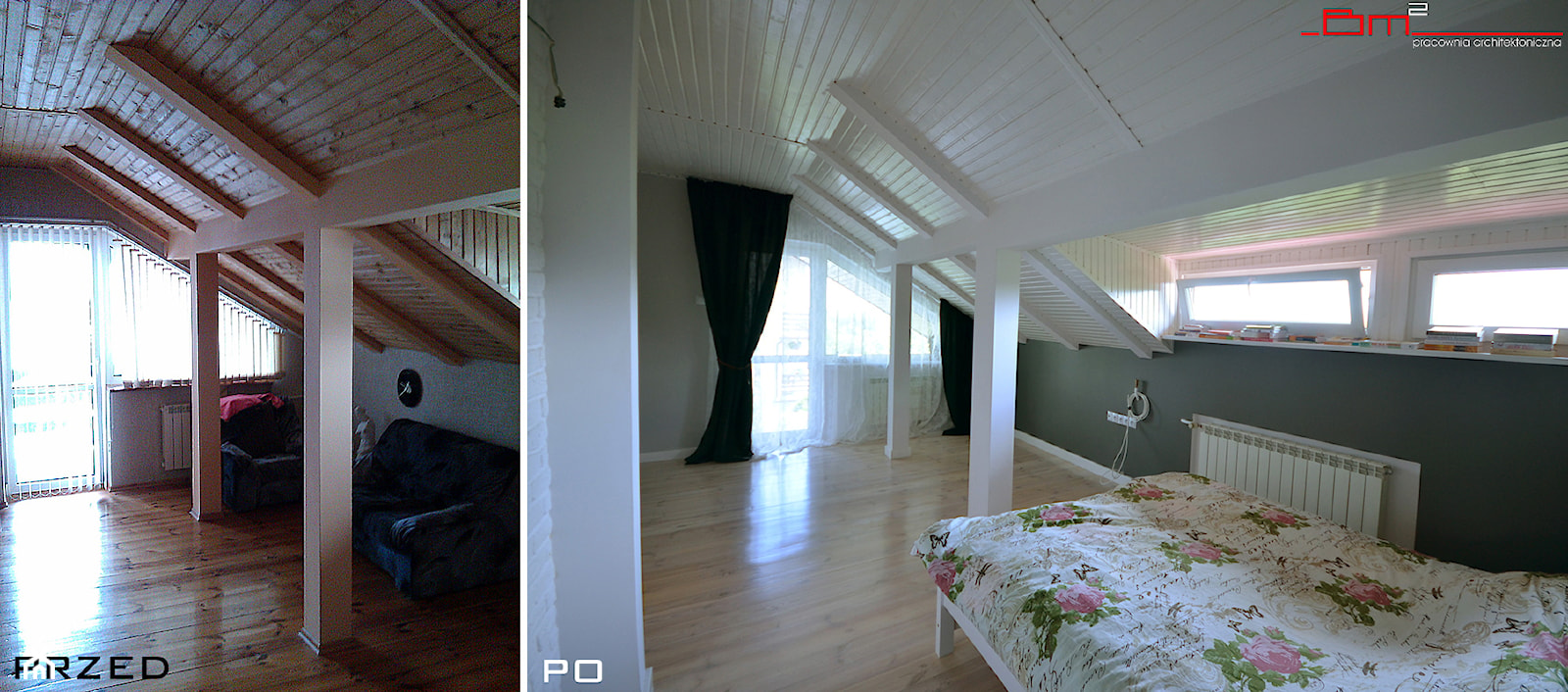 generalny remont domu - Duża zielona sypialnia na poddaszu z balkonem / tarasem, styl skandynawski - zdjęcie od bm2 brzostek maciej - Homebook