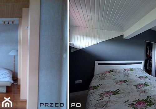 generalny remont domu - Duża biała szara sypialnia na poddaszu, styl skandynawski - zdjęcie od bm2 brzostek maciej