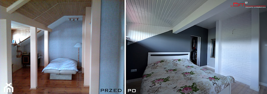 generalny remont domu - Duża biała szara sypialnia na poddaszu, styl skandynawski - zdjęcie od bm2 brzostek maciej