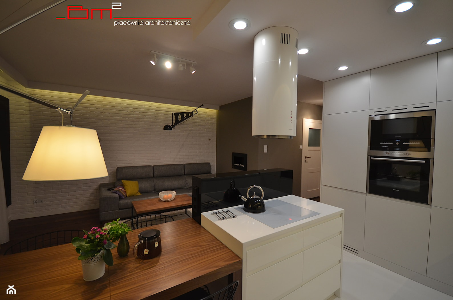 projekt mieszkania 65m2 - Średnia otwarta z zabudowaną lodówką kuchnia z wyspą lub półwyspem, styl nowoczesny - zdjęcie od bm2 brzostek maciej - Homebook