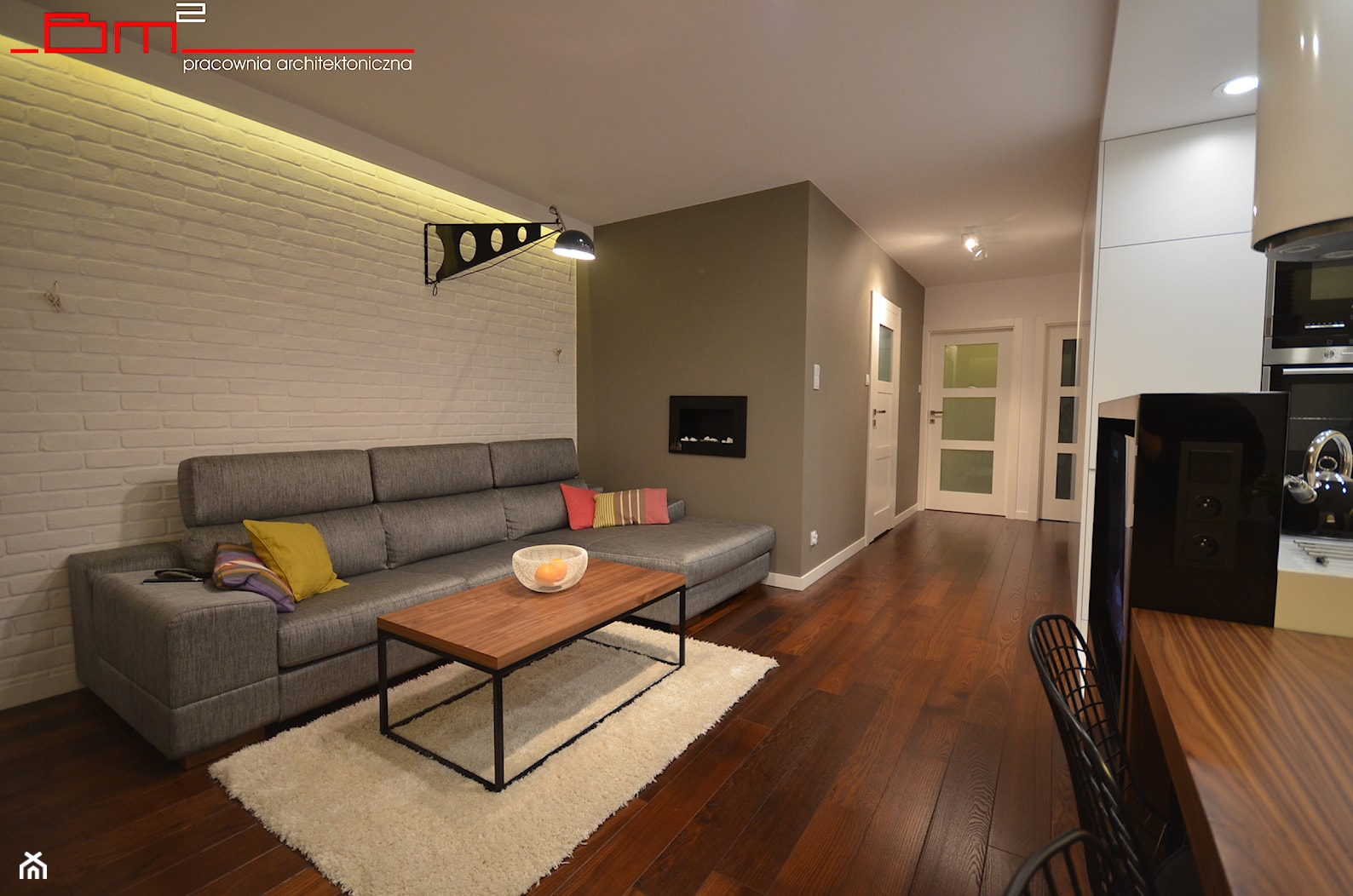 projekt mieszkania 65m2 - Średni biały szary salon z kuchnią z jadalnią, styl nowoczesny - zdjęcie od bm2 brzostek maciej - Homebook