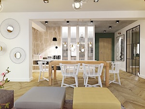 Dom pod Krakowem - Duża beżowa biała jadalnia w salonie - zdjęcie od Krecha Studio