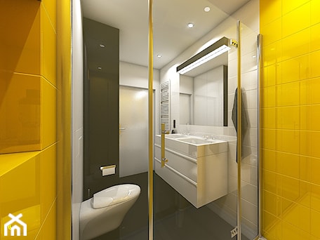 Aranżacje wnętrz - Łazienka: Mała łazienka z żółtym brodzikiem - What A Form! Interiors. Przeglądaj, dodawaj i zapisuj najlepsze zdjęcia, pomysły i inspiracje designerskie. W bazie mamy już prawie milion fotografii!