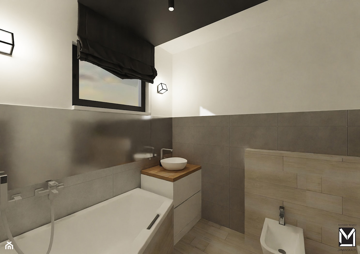 Projekt pomieszczeń wspólnych w domu jednorodzinnym - Średnia z lustrem z punktowym oświetleniem łazienka z oknem, styl nowoczesny - zdjęcie od jaminska.pl - Homebook