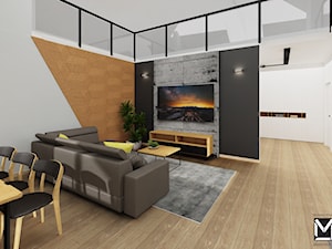 Projekt pomieszczeń wspólnych w domu jednorodzinnym - Średni biały czarny salon z jadalnią z antresolą, styl nowoczesny - zdjęcie od jaminska.pl
