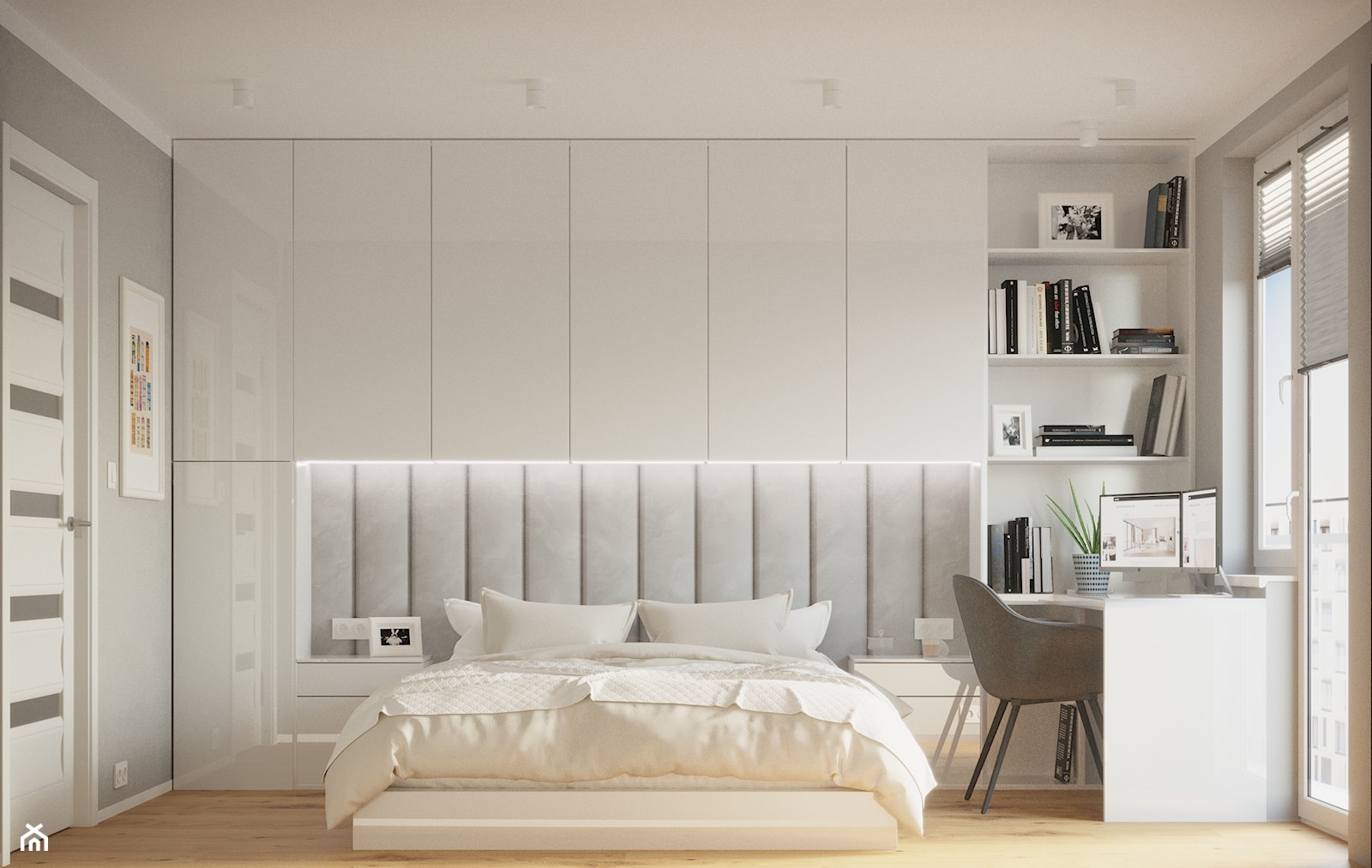 Biała sypialnia z miejscem do pracy - zdjęcie od OHHOME - projekty, remonty, meble - Homebook