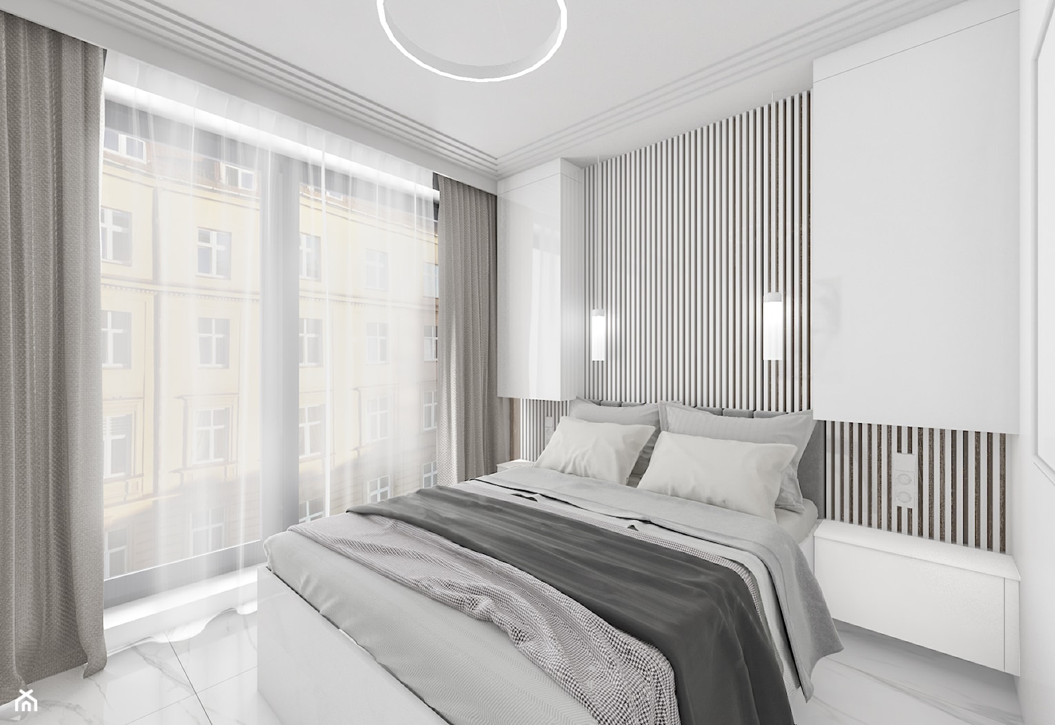 Jasna sypialnia z wysokimi oknami i zabudową na wymiar - zdjęcie od OHHOME - projekty, remonty, meble - Homebook