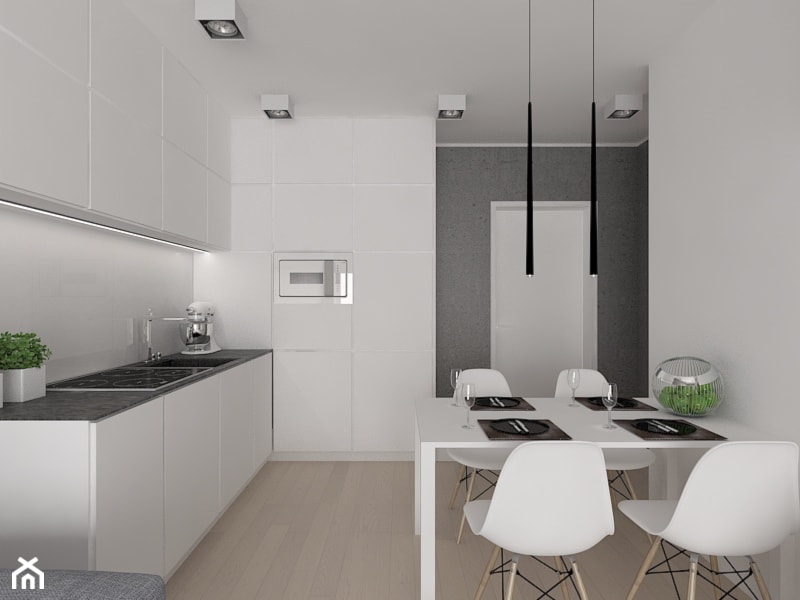 Krowoderska 32 m2 - Średnia zamknięta z kamiennym blatem biała z zabudowaną lodówką z podblatowym zlewozmywakiem kuchnia jednorzędowa, styl minimalistyczny - zdjęcie od OHHOME - projekty, remonty, meble