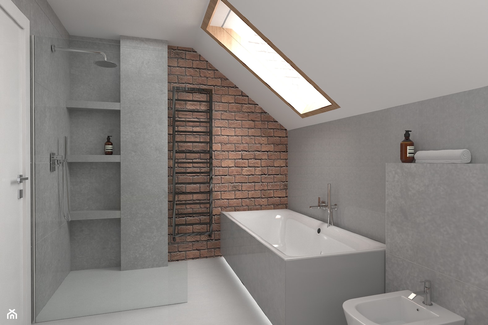 Szara łazienka, ściana z cegły - zdjęcie od OHHOME - projekty, remonty, meble - Homebook