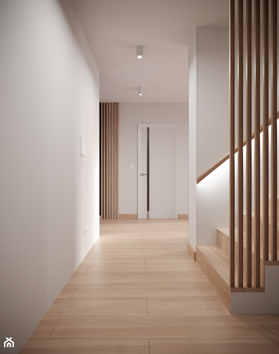 Jasny hol z drewnianymi schodami - zdjęcie od OHHOME - projekty, remonty, meble