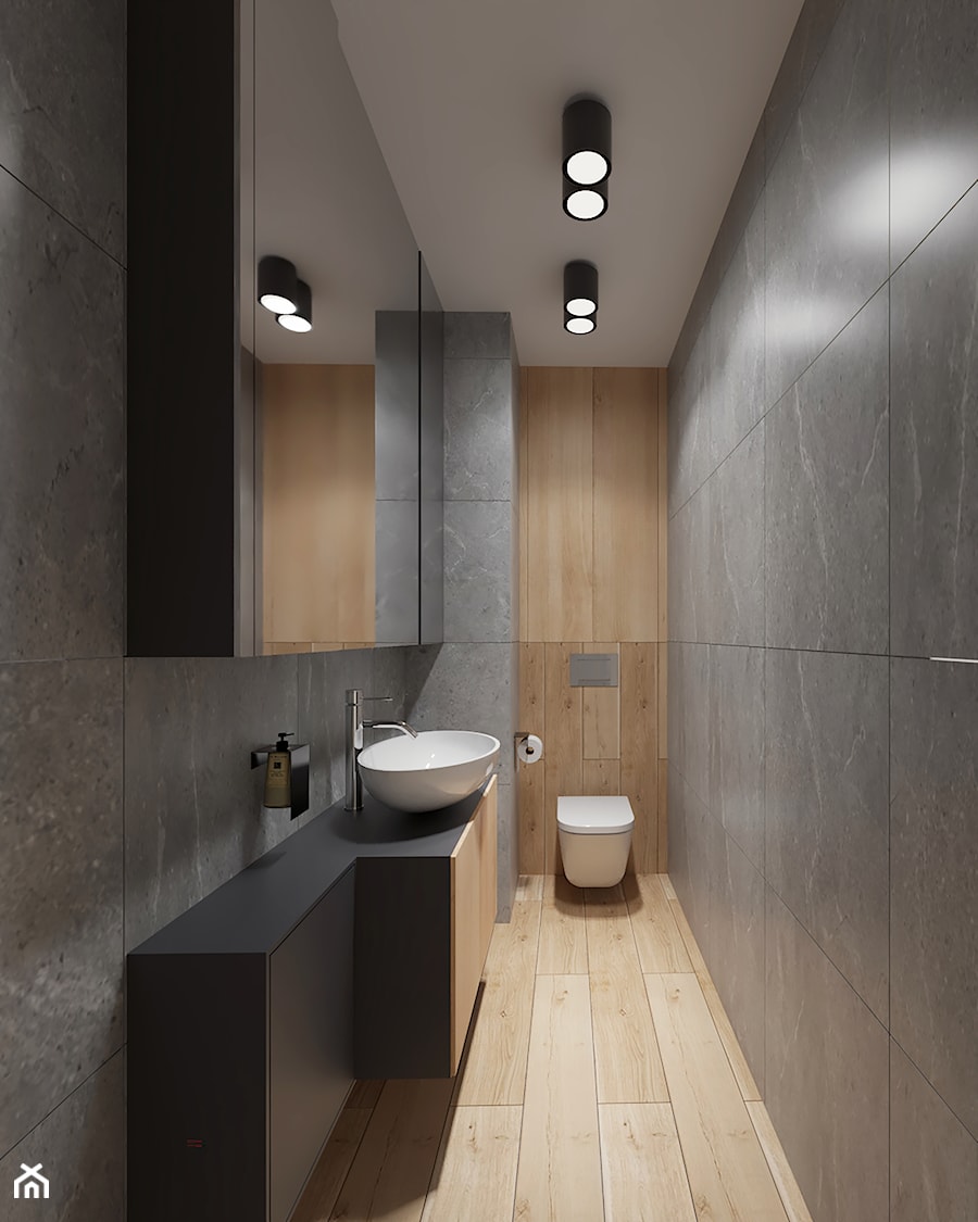 Wąska łazienka z grafitowymi płytkami - zdjęcie od OHHOME - projekty, remonty, meble