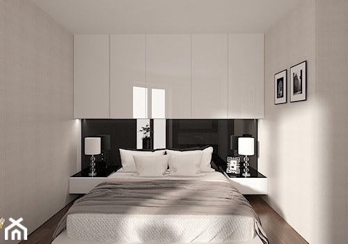 Czarno-biała sypialnia we wnęce, zabudowa meblowa - zdjęcie od OHHOME - projekty, remonty, meble