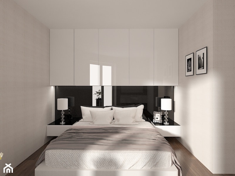 Czarno-biała sypialnia we wnęce, zabudowa meblowa - zdjęcie od OHHOME - projekty, remonty, meble - Homebook