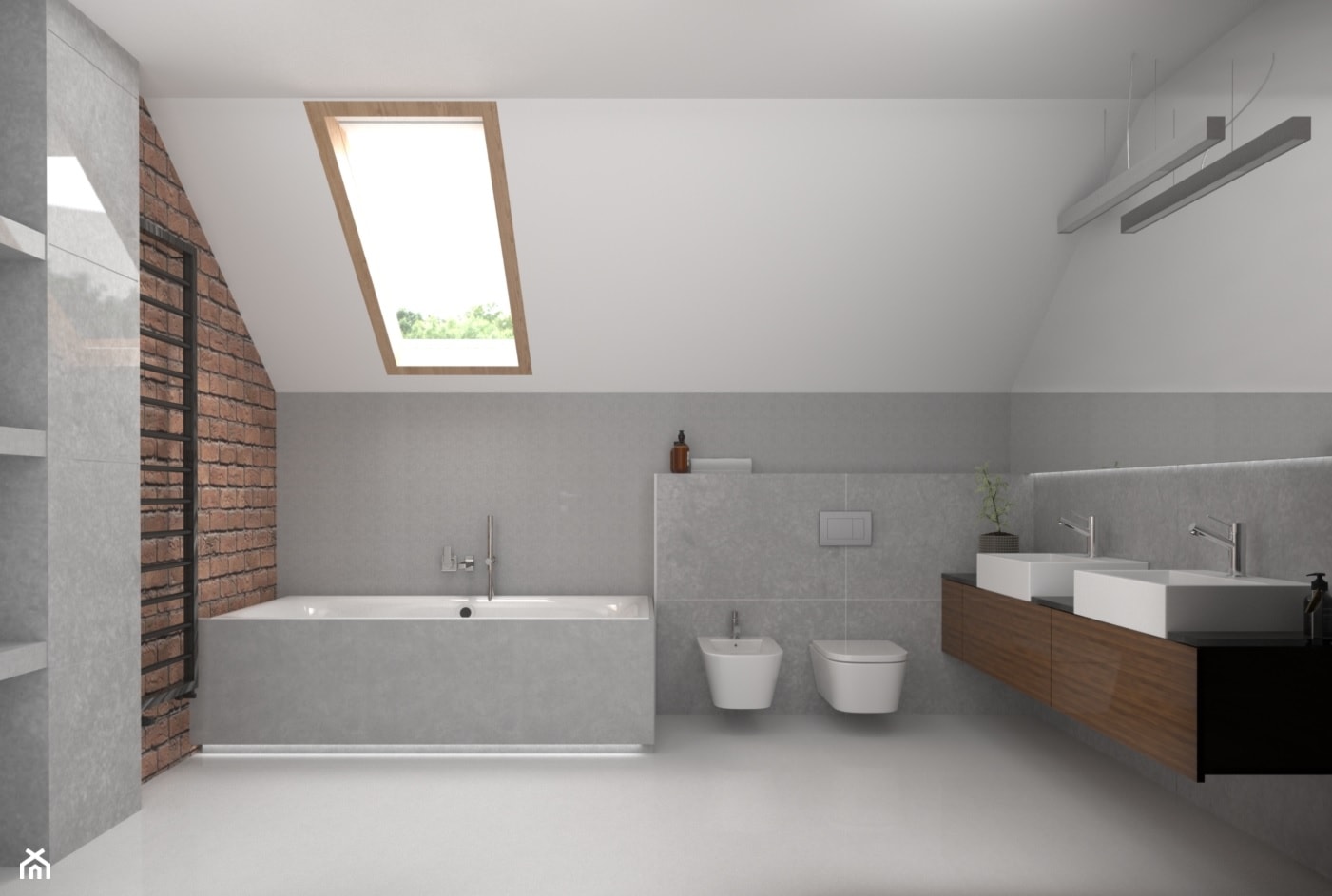 Szara łazienka, ściana z cegły - zdjęcie od OHHOME - projekty, remonty, meble - Homebook
