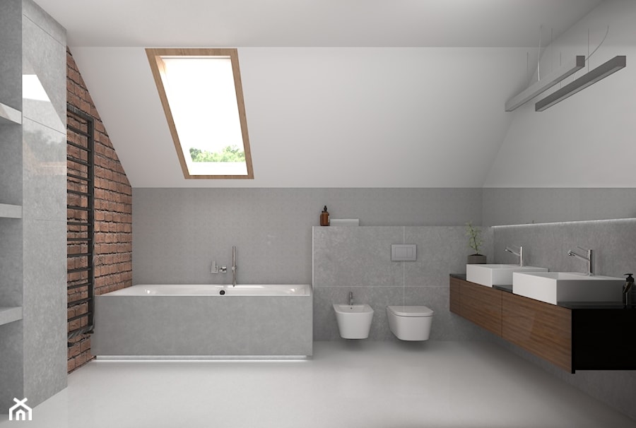 Szara łazienka, ściana z cegły - zdjęcie od OHHOME - projekty, remonty, meble