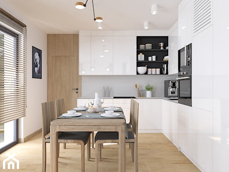 Aranżacje wnętrz - Kuchnia: Biała kuchnia z drewnianą podłogą - OHHOME - projekty, remonty, meble. Przeglądaj, dodawaj i zapisuj najlepsze zdjęcia, pomysły i inspiracje designerskie. W bazie mamy już prawie milion fotografii!