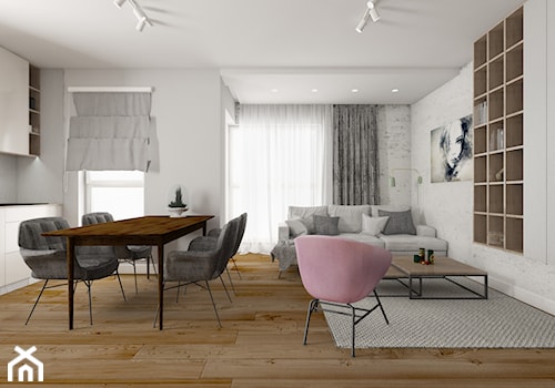 Biało-szary salon z aneksem kuchennym i drewnianą podłogą - zdjęcie od OHHOME - projekty, remonty, meble